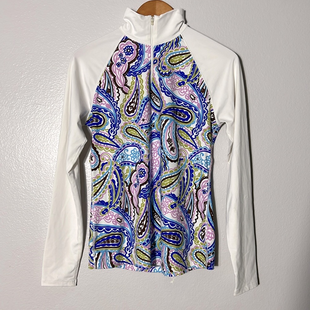 ATHLETA Women's Rash Guard Long Sleeve 1/4 Zip Top, WHITE/MULTICOLOR PAISLEY, S